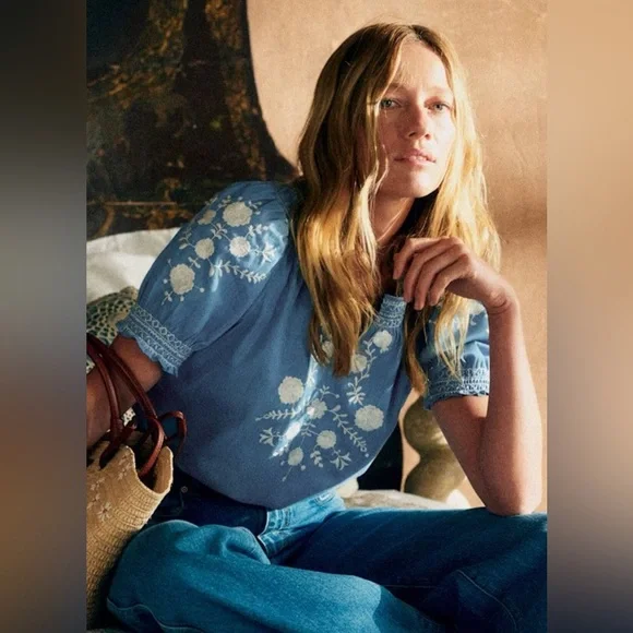 Sezane Blue Floral Embroidered Top 36 - Picture 1 of 9